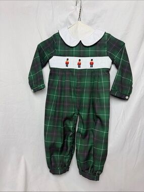Green Plaid Smocked Nutcracker Footie One-Piece for Kids